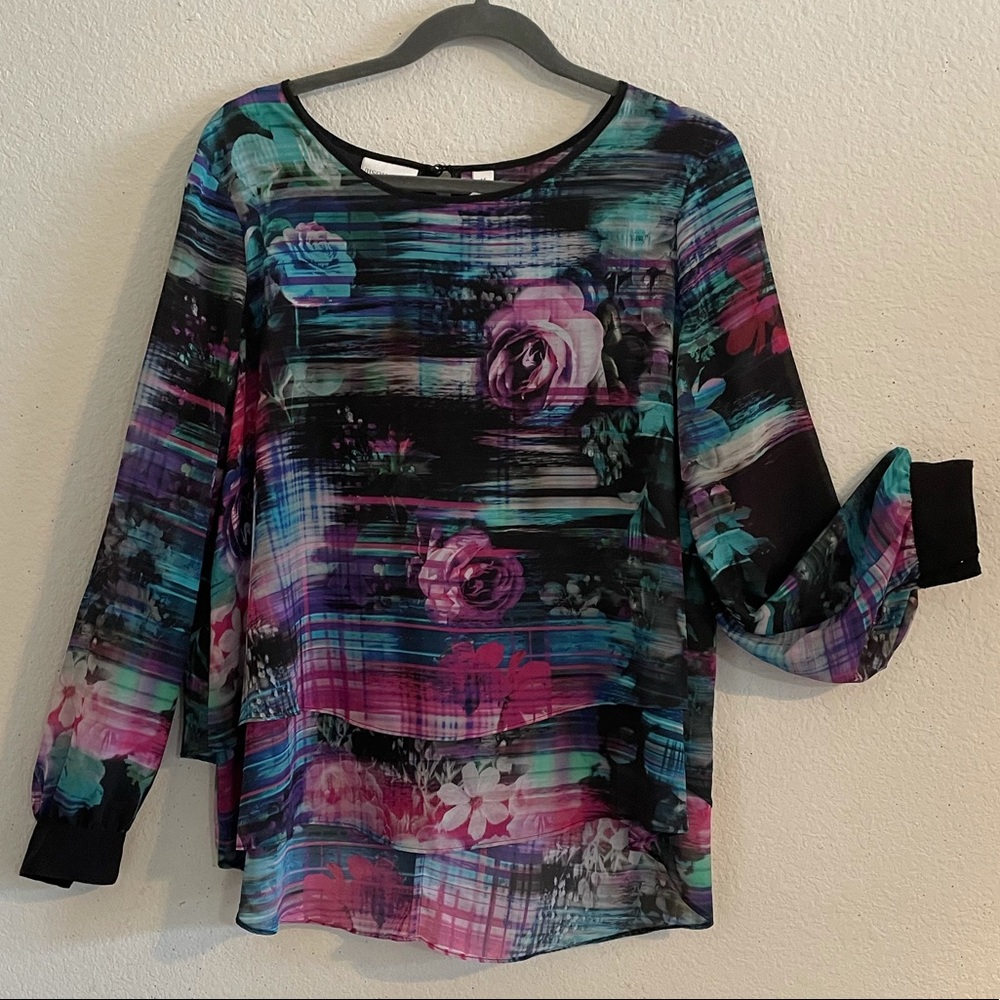 Bisou Bisou Floral Watercolor Tiered Flowy Top